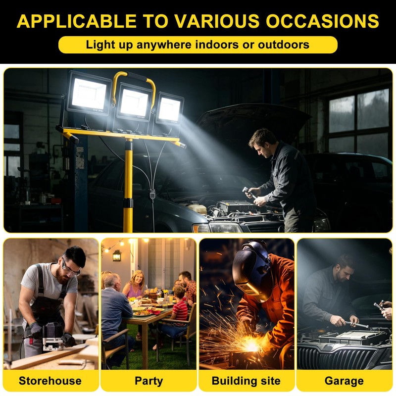 3x70W LED Work Light, Adjustable Tripod Portable Construction Flood Light