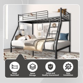 Loft Bunk Bed Twin Over Full Size with Ladder and Guardrail, Heavy Duty Bunk Beds Metal Slats Support, No Box Spring Needed, Space Saving Furniture for Bedroom Kid Room and Dorm (Twin Over Full)