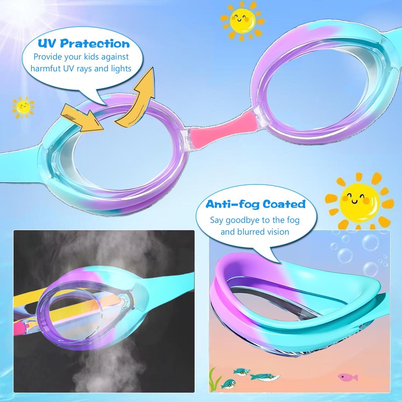 Rainbow Iridescent Swimming Goggles with Protective Case, Mirrored Lenses, Adjustable