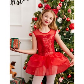Zaclotre Ballet Leotards Sleevesless Mesh Sequin Tutu Dance Dress Ballerina Outfits Red 8-9Years