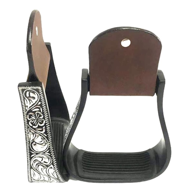 Majestic Ally Western Horse Aluminum Black Engraved Stirrups- Adults (Silver-Black)