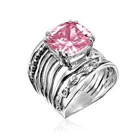 JEAN RACHEL JEWELRY 925 Sterling Silver Ring with 12mm Cushion Shaped Cubic Zirconia Vintage Design - Hypoallergenic, Lead & Nickel Free - Artisan Handcrafted Statement Rings for Women, Pink