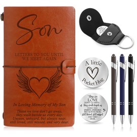 Fulmoon Memorial Gifts for Loss of Son Included 1 Grief Travel Diary Journal 1 Remembrance Pocket Hug 1 PU Leather Keychain 3 Ballpoint Pens Bereavement Gift for Loss of Son Gifts