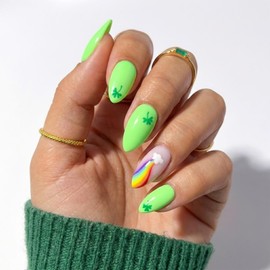 Press on Nails Green Almond Shape St Patricks Day Shamrock Clover Rainbow Clouds Designs Short to Medium Length Glossy Fake Nails Reusable Stick on Nail for Women 24 Pcs WYFHDT