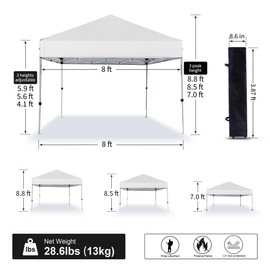 LANMOUNTAIN Pop Up Canopy Tent 8X8 FT,Easy Set-up Sade,Instant Shelter w/Canopy Cover,4 Ropes,Adjustable Straight Leg Heights Canopies,Outdoor Patio Tents for Parties,Commercial,White