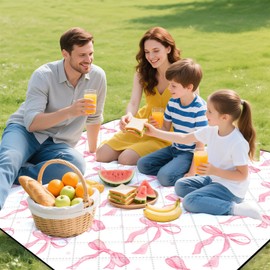 MUGINYU 80"x80" Picnic Beach Blanket Waterproof -Extra Large Outdoor SandProof,3-Layer Fabric Picnic Mat Washable Foldable & Portable for Family Camping, Park, Travel, Grass Lawn-Pink Bow