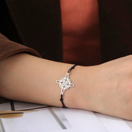 TEAMER Wax Rope Witches Knot Bracelet Stainless Steel Witches Knot Pendant Wiccan Symbol Adjustable Bracelet for Women (Black Silver)