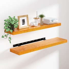 Heimlove 36 inch Floating Shelves for Wall,2 Packs Natural Pine Solid Wood Bathroom Shelf Over Toilet Decor and Storage 8 inches Deep for Kitchen Bedroom Office & Living Room Display Wall Decor