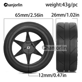 Chanjorlin 1/10 On Road Tires and Aluminum Wheels 12mm Hex RC Rally Racing Tyres OD 2.56" for Tamiya TT01 TT02 XV01 TA06 A959 PTG2 HPI KYOSHO PTG2 Traxxas 1:10 Street Touring Drift Car 4PCS (Black)