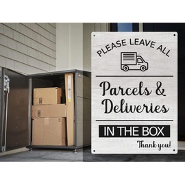 Please Leave All Parcels & Deliveries In The Box Notice Sign - Choice of 2 Colours with 4 Drill Holes, Printed Waterproof Exterior Use Plaque. Shipped Globally. (Grey Wood Effect)