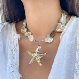 Yecomsy Starfish Choker Necklace Boho Conch Sea Shell Necklaces Beach Summer Charm Jewelry-A Style