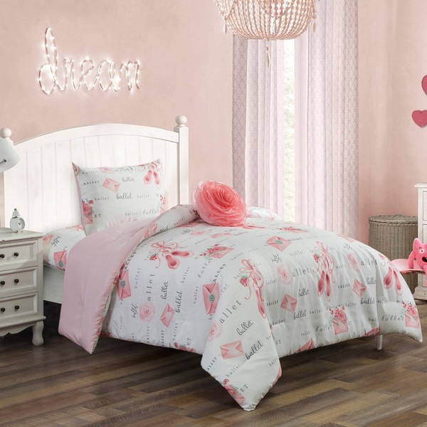 Kids comforter sets for girls 4 Piece Pink White Twin Comforter Set with Sheet Pillow sham and Rose Flower Pillow Ballerina Design for teen Bedroom bedding (Ballerina, Twin Comforter)