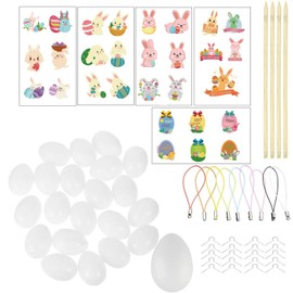 ASOENTIWOX Easter Eggs Painting for Hanging, 25 Plastic Eggs 6 cm + 25 Easter Egg Hangers + 25 Bamboo Skewers Skewers + 29 Rabbit Stickers, Easter Decoration Set