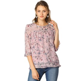 Allegra K Women's Casual Ruffle 3/4 Sleeve Floral Print Chiffon Blouse Small Pink