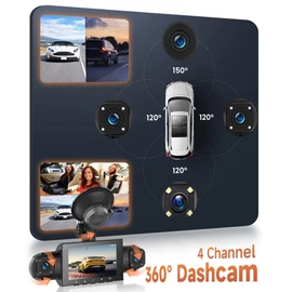 4 channal Dash Cam 360° Car Recorder Front and Rear Inside Side，3 inch 1080P DVR Camera with 480 Rear Pull + G-Sensor, Rearview, Night Visio, Loop Record, 24H Parking Watch