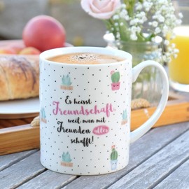 XL-Tasse mit Kaktus "Freundschaft": Extra große Tasse aus Porzellan mit Motivdruck, in Geschenk-Banderole aus Pappe