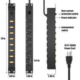 HHSOET 1U Rack Mount Surge Protection, 8 Outlet PDU Power Strip, Metal Mountable Outlet Strip with Switch, 10ft Power Cord.