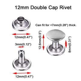 100sets Stainless Steel Leather Rivets Double Cap Rivet Tubular Metal Studs Repairs Decoration Craft Accessories for Leather Craft Clothes Shoes Bags Belts (12mm Silver)