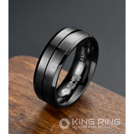 King Ring 8mm Flat Lines Black Ring – Ultra Polished Mens Ring with Two Matt Lines Stainless Steel Wedding Band K18 – Black 9