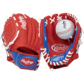 Rawlings | PLAYERS Series T-Ball & Youth Baseball Glove | Left Hand Throw | 9" | Red/Blue with Ball