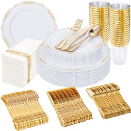 Supernal 210Pcs White and Gold Plastic Dinnerware Set,Disposable Plates and Utensils Set,Elegant Plastic Plates Include 30 Dinner Plate,30 Dessert Plate,30 Gold Silverware,30 Cups,30 Napkins for Party