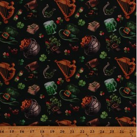 FlashPhoenix Quality Sewing Fabric – Cotton Saint Patrick's Day Shamrocks Pots of Gold Fabric Print by The Yard Size: 36" x 44" Inches