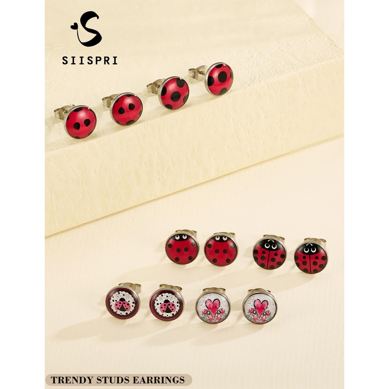SIISPRI 6Pairs Ladybug Women Earrings Set Cute Bug Little Ladybird