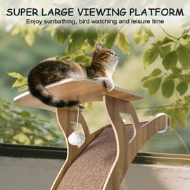 Cat Window Perch with Scratcher Ramp, 48" Climbing Tree Suctions Cups to Window Maximum Hold Up to 66lb, Supports Large Cats, Providing Pulti-Level Perches for Climbing,Resting(Deep Wood, 48'')