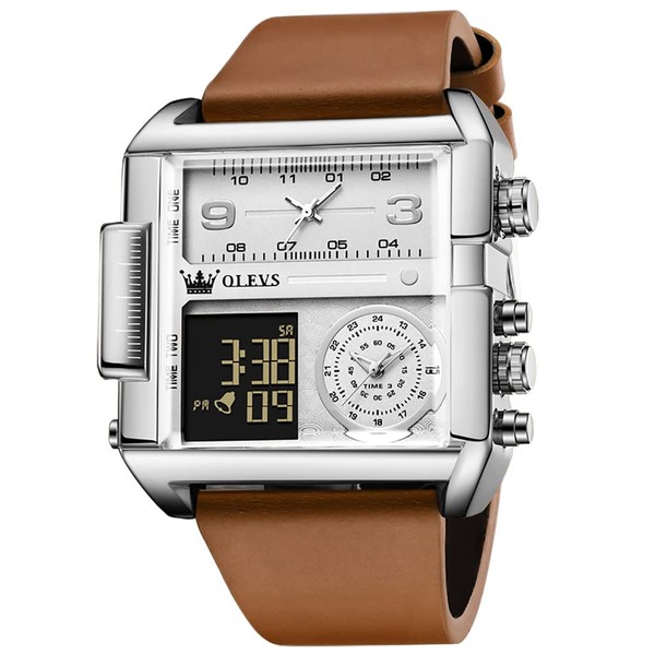 OLEVS Men's Sport Watch Brown Leather Large Face Digital &