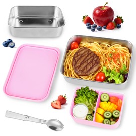 Edelstahl Kinder Brotdose mit Silikondeckel, Brotdose mit Fächern 1 Löffel Edelstahl, BPA Frei Bento Box, Auslaufsichere Snackbox Schule Kindergarten Ausflug, Frühstücksbox Kinder (1200ML)