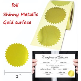 2" Gold Foil Blank Notary Certificate Wafer Medal Seals Labels/Envelope Package Seals Serrated Edge Color Coding Awards Legal Embossing Stickers (300 per roll