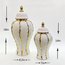 14" Ceramic Ginger jar vase electroplated Striped Pattern Gold Edged White Ginger jar Decorative vase with lid Suitable for Home, Office, Table, Living Room, Bookshelf (14in)