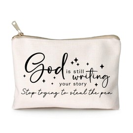 God is Still Writing Your Story Travel Bag Funny Christian Women of the Bible Makeup Bag Bible Quote Christian Quotes Scripture Makeup Pouch Linen Cotton Bag