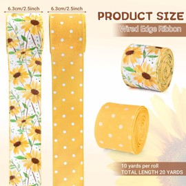 Daisy Flowers Yellow Dots Wired Edge Ribbon Summer Floral Fabric Ribbon for DIY Crafts Wreath Bow Making Wrapping Party Decor Supplies, 2 Rolls, 20 Yard