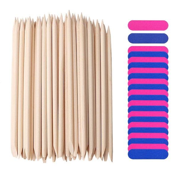50 Pieces Orange Wooden Sticks, Double Ended Cuticle Pusher Wooden Orange Wood Cuticle Sticks and 50 Pieces Mini Nail File for Manicure and Pedicure