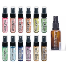 Ranger Ink Tim Holtz Distress Spritz Sprays, Set #2, October 2024 Release, 12 1-oz Bottles, Shimmery Colors including Vintage Photo, Cracked Pistachio, Fired Brick, Mowed Lawn + Carnora Amber Bottle