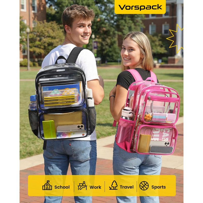 Vorspack Clear Backpack with TSA Lock, Large Clear Bookbag, Black