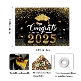 Congrats Class of 2025 Backdrop Black Gold Glitter Graduation Party Decorations Photography Background,Graduation Backdrop 2025, Graduation Celebration Prom Party Photoshoot Photobooth (7x5ft)
