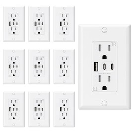 ELEGRP USB Outlets, 15 Amp Wall Outlet with 3 USB Ports, Dual USB C Ports Outlets, TR Tamper-Resistant USB Outlets Receptacles, Wall Plate Included, UL/CUL Listed, 10 Pack, White
