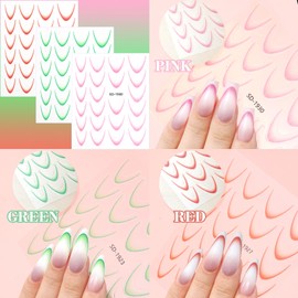 U-Shinein 12 Sheets Colorful French Tip Nail Stickers, Gradient French Line Nail Art Stickers with Tweezer, French Tip Nail Decals 3D Self-Adhesive Nail Tips Guides for Women Manicure Decoration