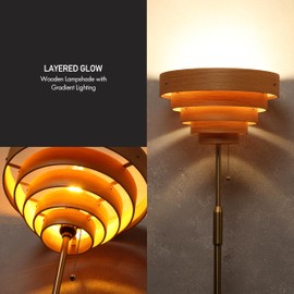 O'Bright Cascade Floor Lamp – Modern Wooden Layered Lampshade, E26 Socket, Pull Chain Switch, Metal Base, Standing Lamp for Living Room, Bedroom, Office, Antique Brass