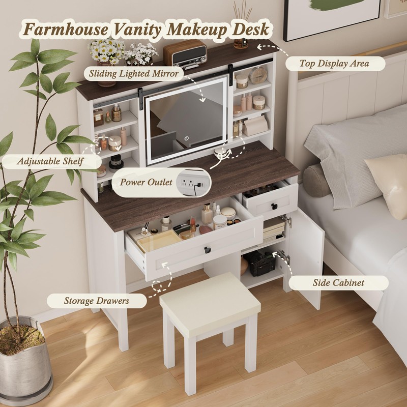 Semiocthome Farmhouse Vanity Desk with Sliding Mirror and Lights, Makeup
