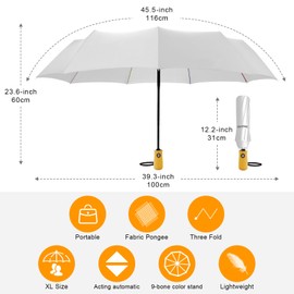 BESTKEE Windproof Travel Folding Umbrella Automatic, Large Rain Folding Compact Umbrella Portable Fast Drying with Auto Open/Close Button, Non-Slip Handle (White)