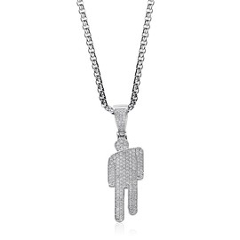 Hip Hop Bad Guy Villain Necklace, Stainless Steel Round Head Zircon Hip Hop Necklace, Couple Pendant Necklace, Skew Head Pendant Full of Zircon Chaoren Necklace, Silver, 70 CM Chain