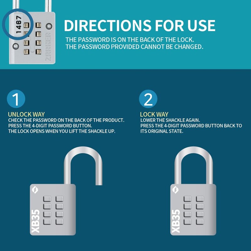 Zarker XB35 8-Digit Push Button Combination Padlock, 4 Digit Locking
