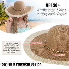 LY4U Women’s Beach Sun Straw Hat with Chin Strap, Floppy UPF50+ Foldable Wide Brim Summer Hats for Travel, Holiday, Outdoor Brown