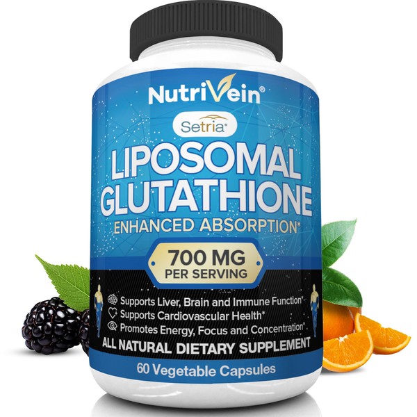 Nutrivein Liposomal Glutathione Setria® 700mg - 60 Capsules - Pure Reduced Glutathione - Master Antioxidant for Optimal Cell Protection, Liver Cleanse, Brain and Immune Function