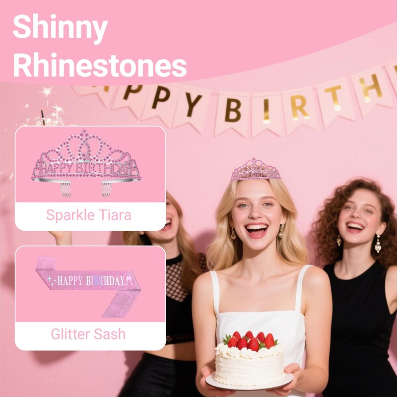 Papoopy Birthday Tiara Crown with Sash for Adult Women, Birthday