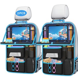 MENZOKE Backseat Car Organizer with Tray, 7 Storage Pockets Car Seat Organizer with Tablet Holder & Insulated Bottle Pocket, Kids Travel Tray Road Trip Activities Essentials for Kids Travel (2 Pack)
