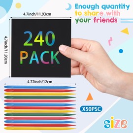 Fullhawl 240 Pcs Rainbow Off Scratch Paper Bulk for Kids Scratch Paper with 50 Colorful Wooden Stylus Scratchboard Sheets Crafts for Drawing Classroom Gifts for Students Bulk(4.7 x 4.7 Inch)